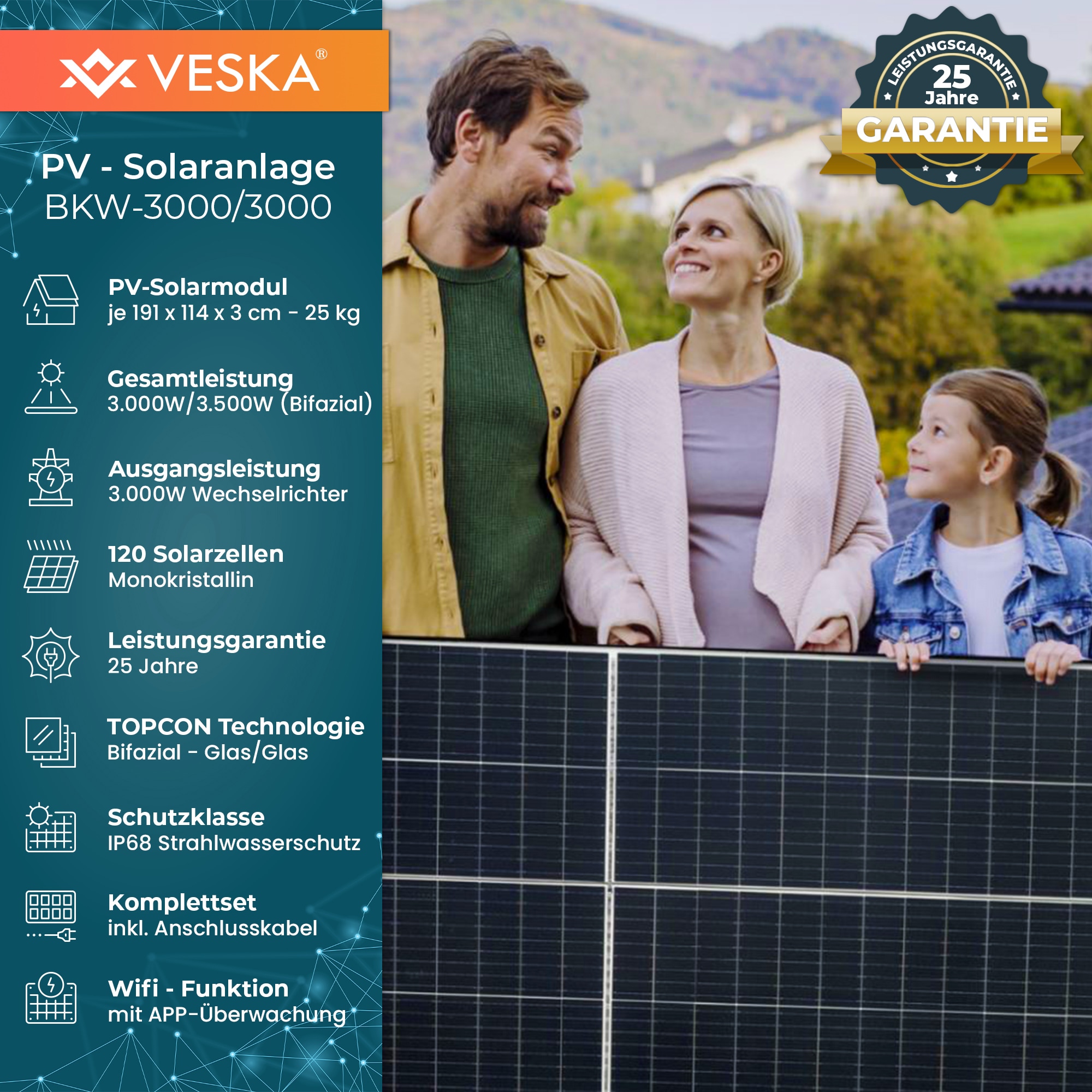 Veska Solaranlage 3000 W Photovoltaik Balkonkraftwerk Bifazial WiFi Smarte PV Anlage 3000 Watt