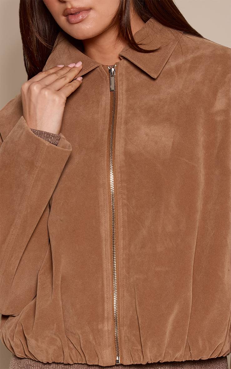 Marron Veste En Daim Zippée À Ourlet Froncé