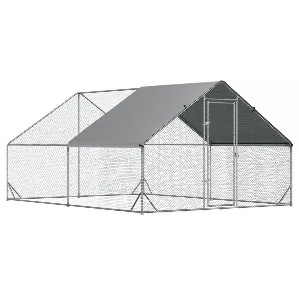Pawhut Galinheiro de Exterior Grande 3x4x2m Gaiola 8-12 Galinhas de Aço Galvanizado com Teto de Pe Prata