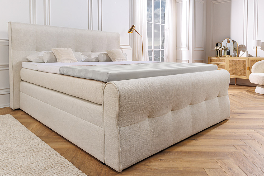 Design Boxspringbett SIGNUM 140x200cm creme Strukturstoff inkl. Stauraum und Topper
