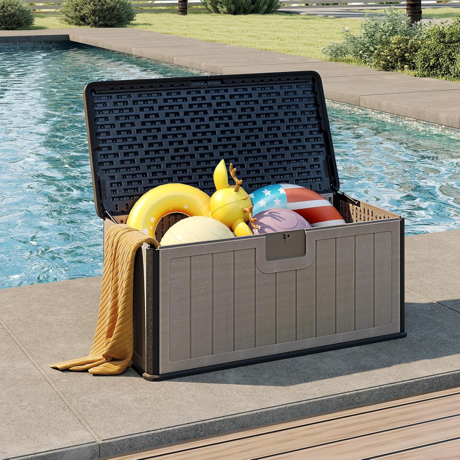 COSTWAY Gartenbox 378 L, Auflagenbox Wasserdicht für Garten mit Abschließbarem Deckel, Aufbewahrungsbox für Kissen & Gartengeräte, Kissenbox Outdoor für Terrasse, Balkon, Garten (Schwarz+Braun)