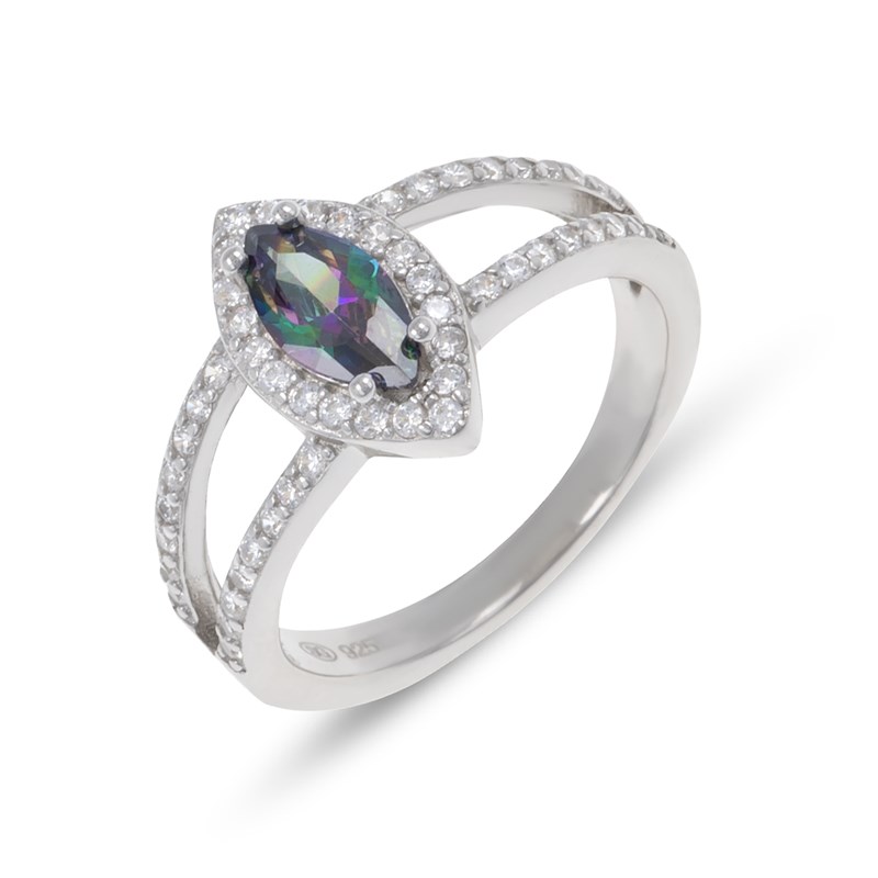 Bague double rang argent rhodié pierre synthétique multicolore et cubic zirconia