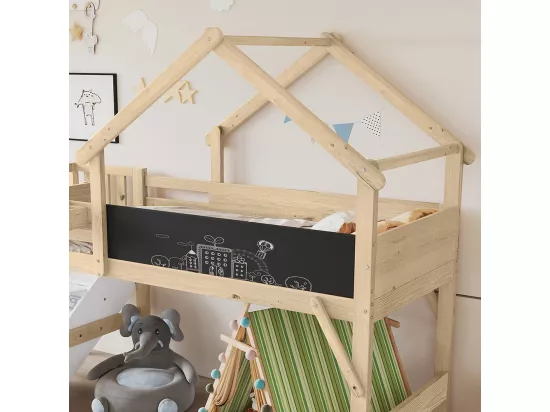 Lit superposé pour enfants 90x200cm, avec rails, design unique du toit, avec 3 armoires de rangement, blanc + couleurs naturelles