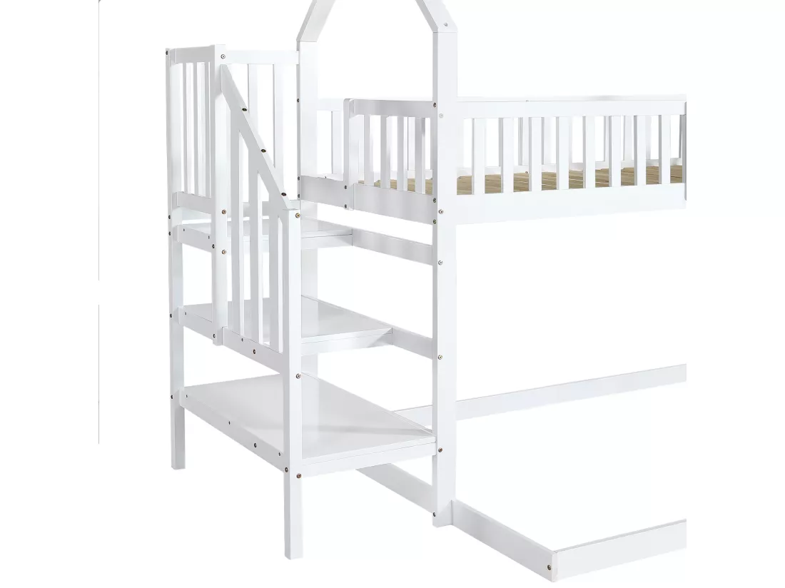 Lit superposé avec escalier et barrières anti-chutes - 90x200 cm - en bois massif - Blanc