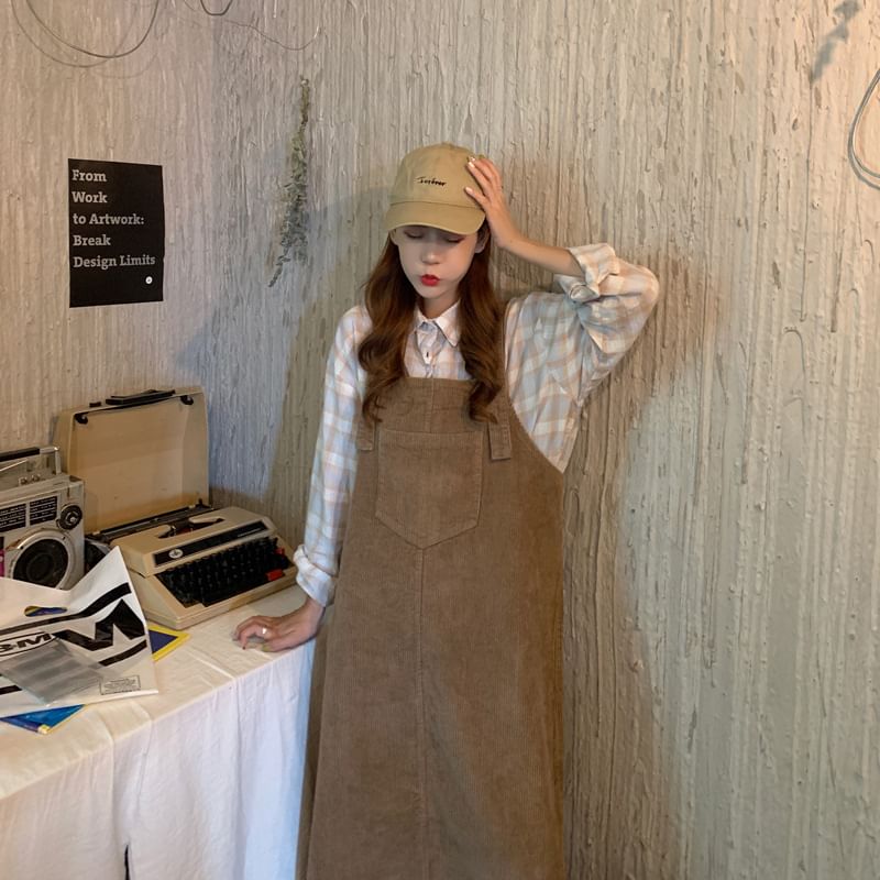 Bakli - Midi-jurk van corduroy met vierkante hals en split