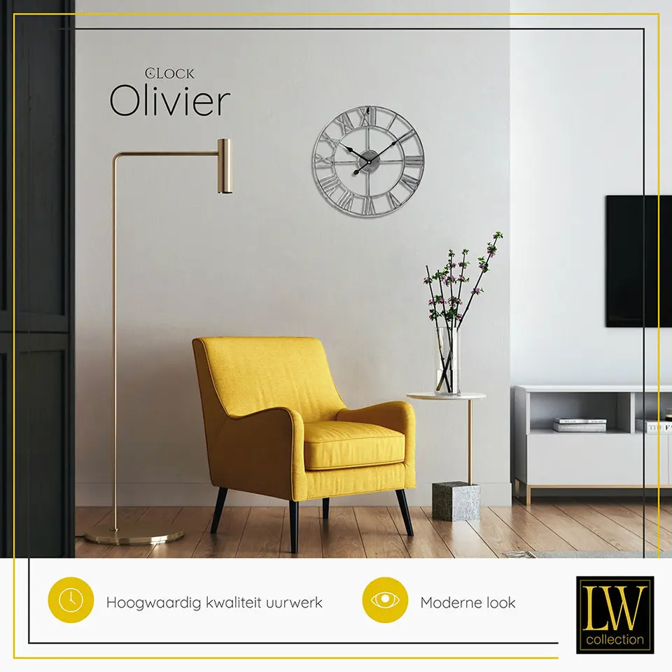 LW Collection Wandklok Olivier zilver 40cm
