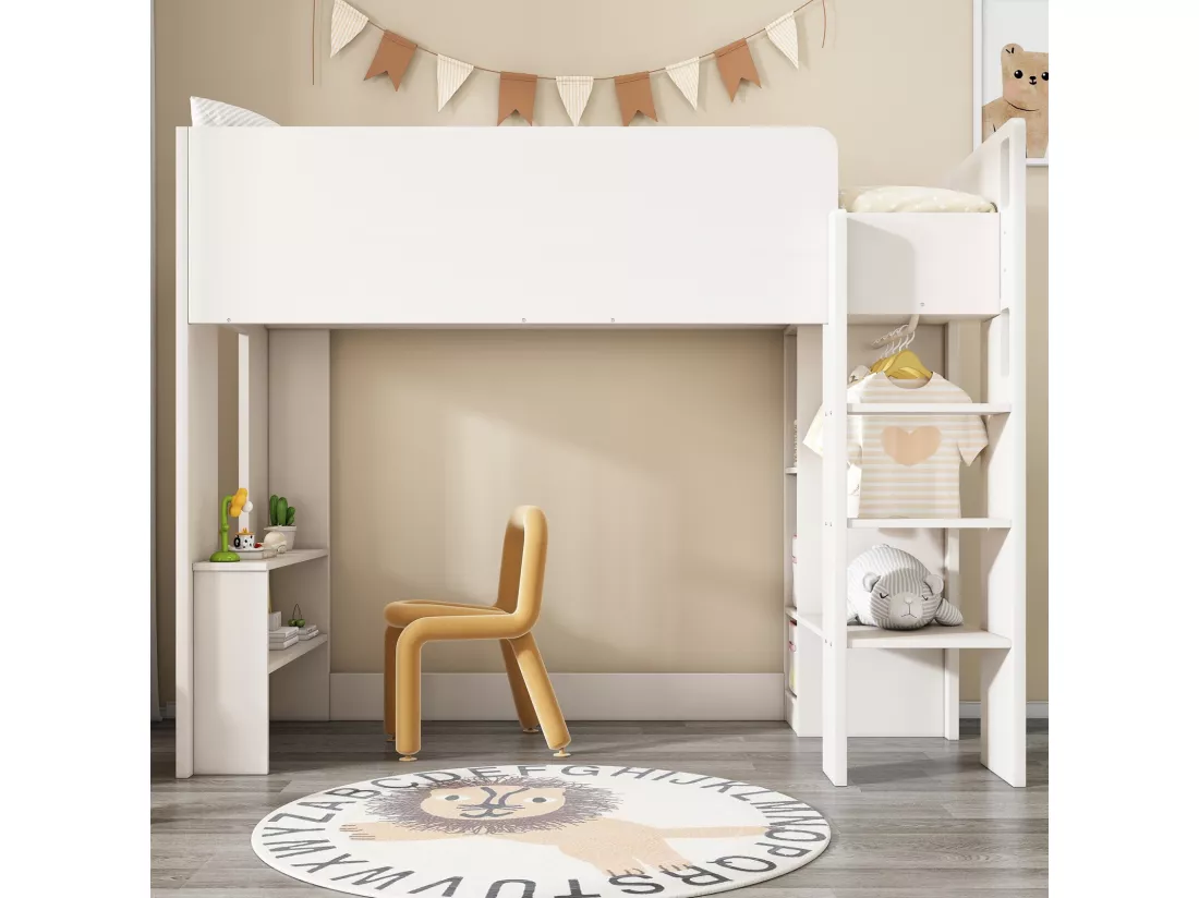 Lit mezzanine 90 x 200 cm avec bureau, niches, armoire, étagères et escaliers - Panneau de particule - Blanc