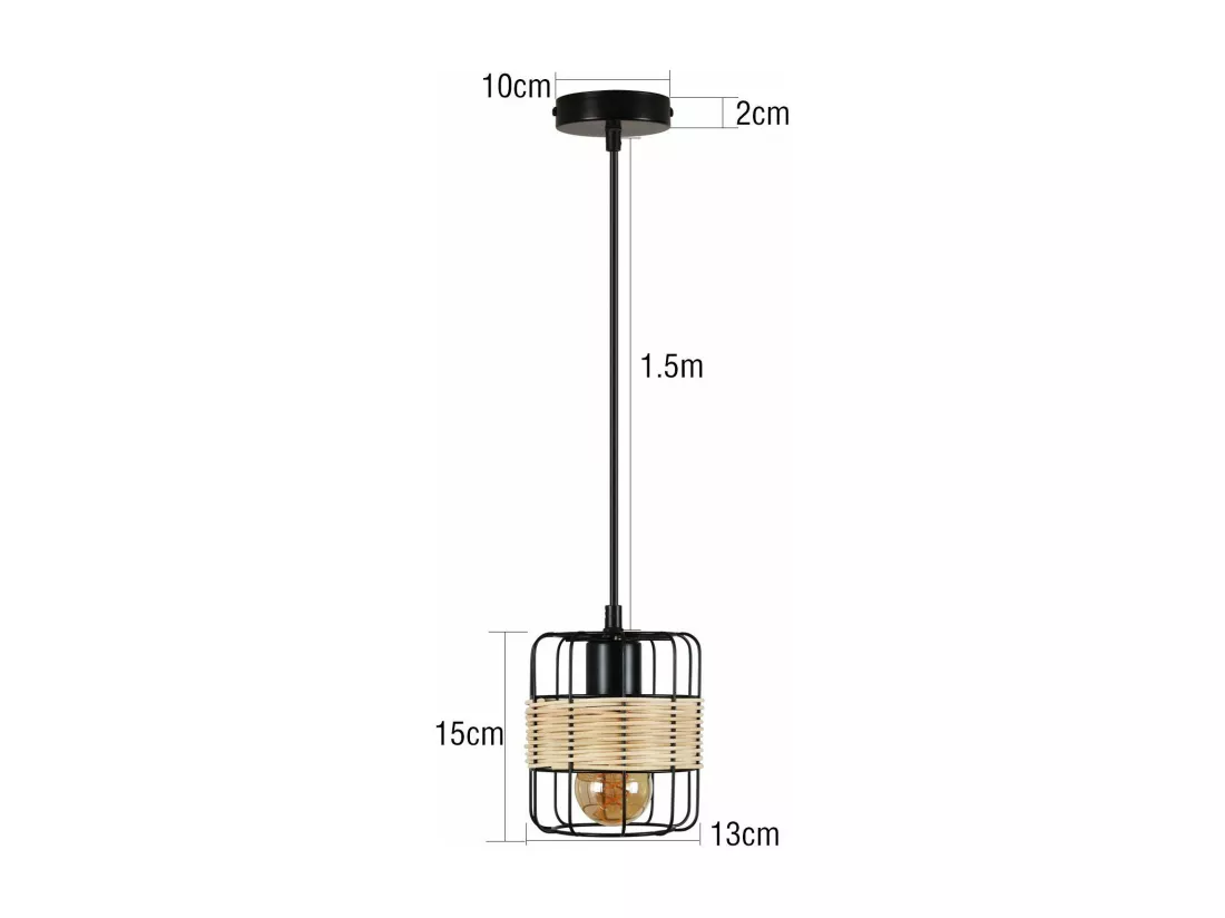 NETTLIFE Suspension E27 Noir Vintage Rotin Boho Métal Bois Lampe de Cuisine Bambou Naturel Abat-Jour Panier pour Salle à Manger Salon