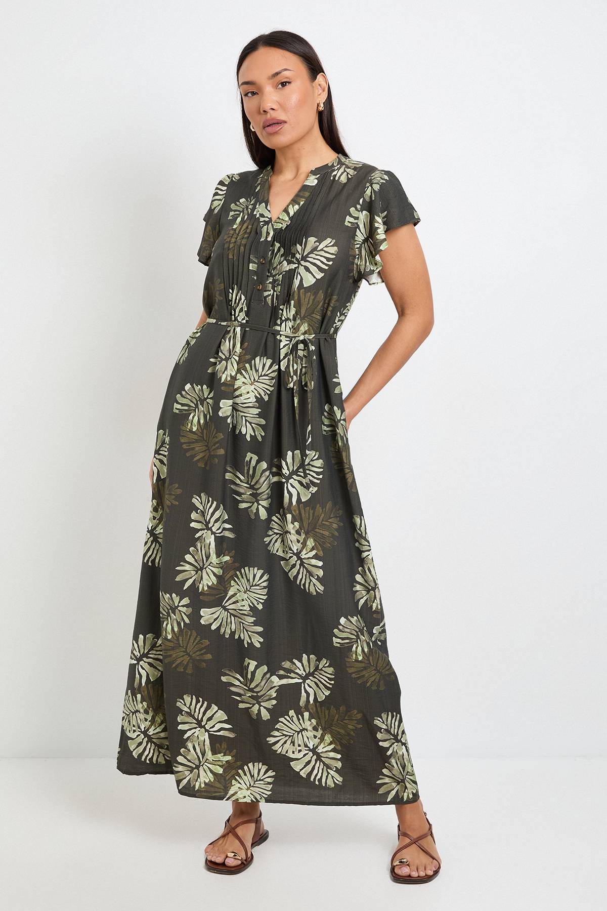 Wallis Robe Longue À Plis Nervurés Imprimé Palmier