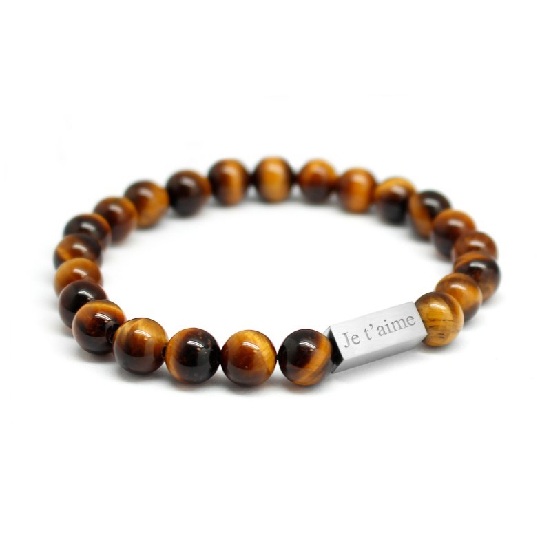 Bracelet perles oeil de tigre homme - gravure JE T'AIME
