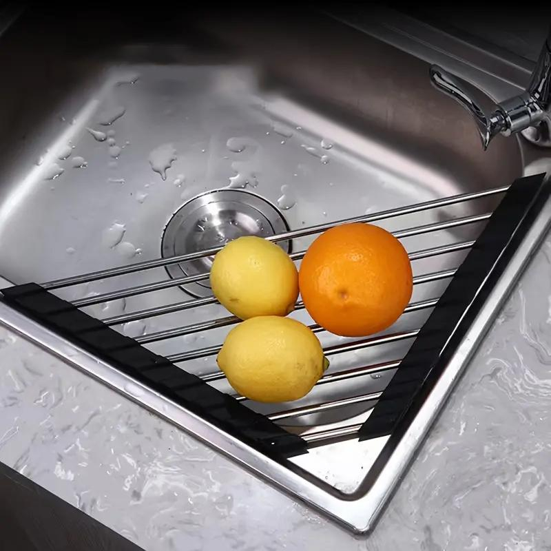 (40x16cm) Edelstahl Abtropf Gitter Spülbecken Küchensieb Anti-Rutsch Waschsieb für Geschirr / Obst / Gemüse - Schwarz