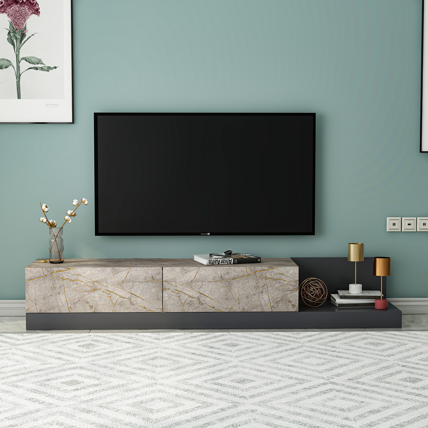 TV-Lowboard - grau-beige - Marmoroptik - 180 cm