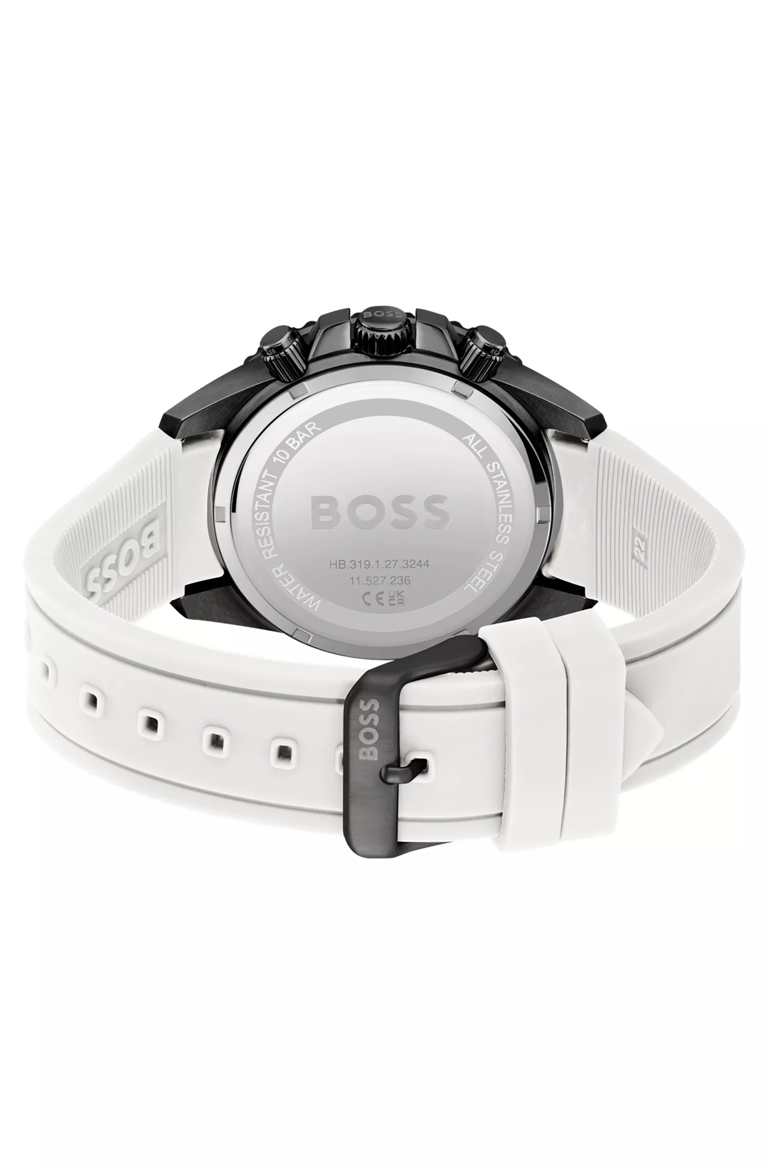Relógio cronógrafo BOSS com pulseira de silicone preta e branca e mostrador preto.