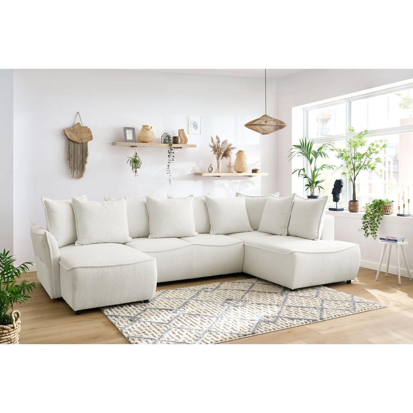 Bobochic Canapé panoramique convertible coffre d'angle gauche bouclette léon blanc - 320x194x90 cm