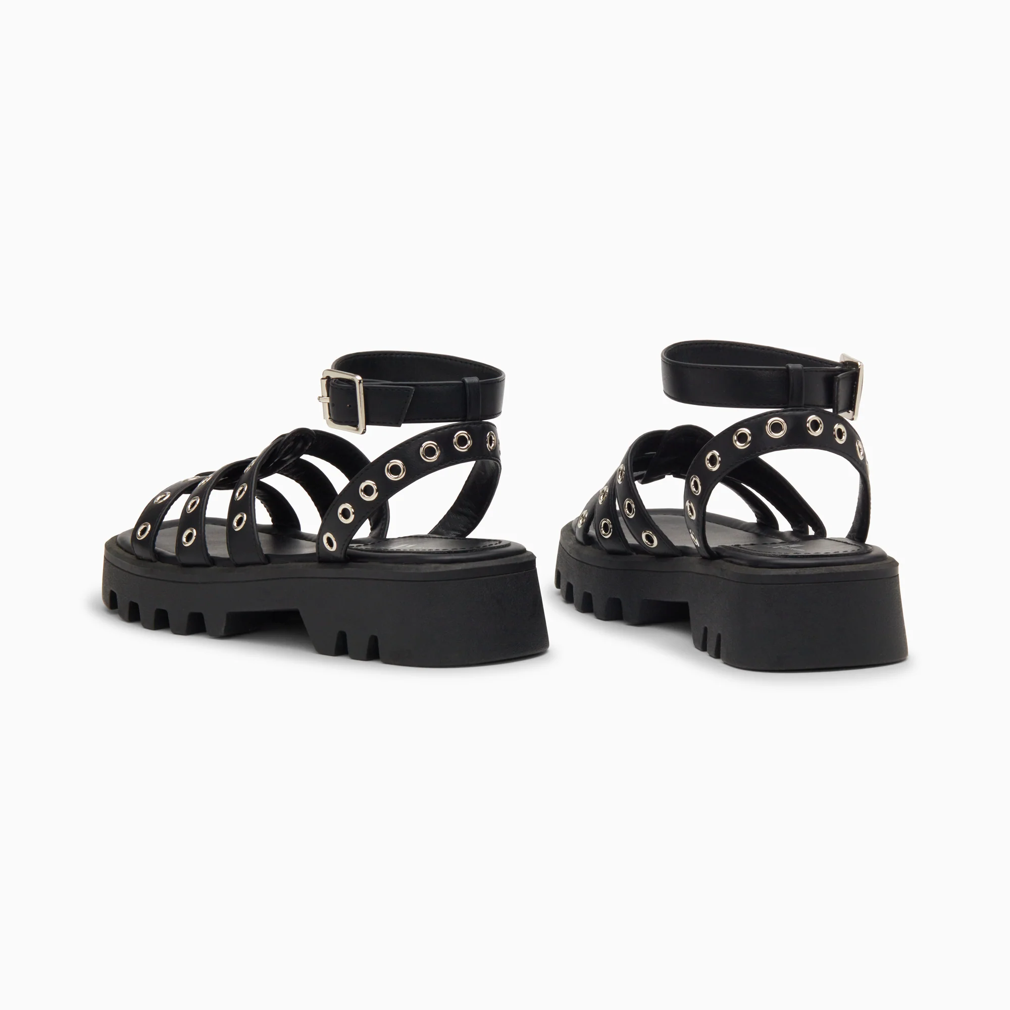 Sandales plates-Sandales Inaya noires à oeillets et plateforme crantée