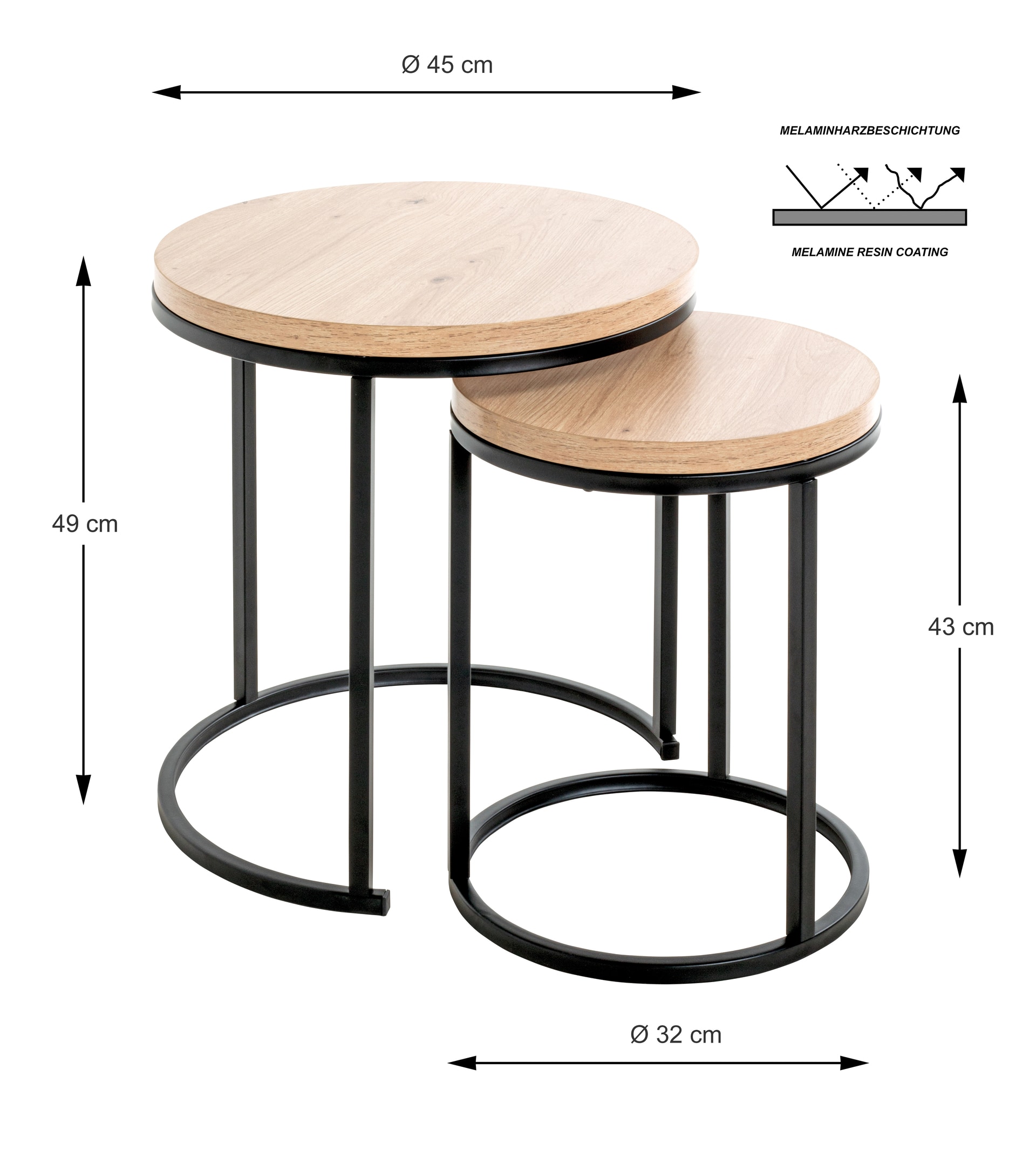 Beistelltisch 2er Set LEVI Ø 45/32 cm Eiche-Dekor/schwarz
