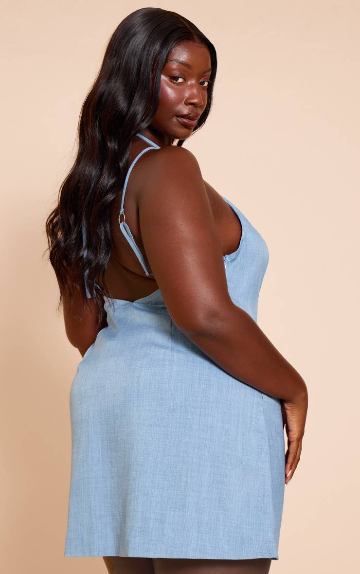 Steel Blue Robe Mini Trapèze Grande Taille Tissée À Encolure Américaine