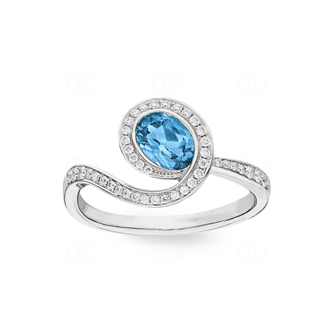 Damenring 750/18 K Weissgold mit Blautopas & Diamanten 0.21 ct H/si Ø 56