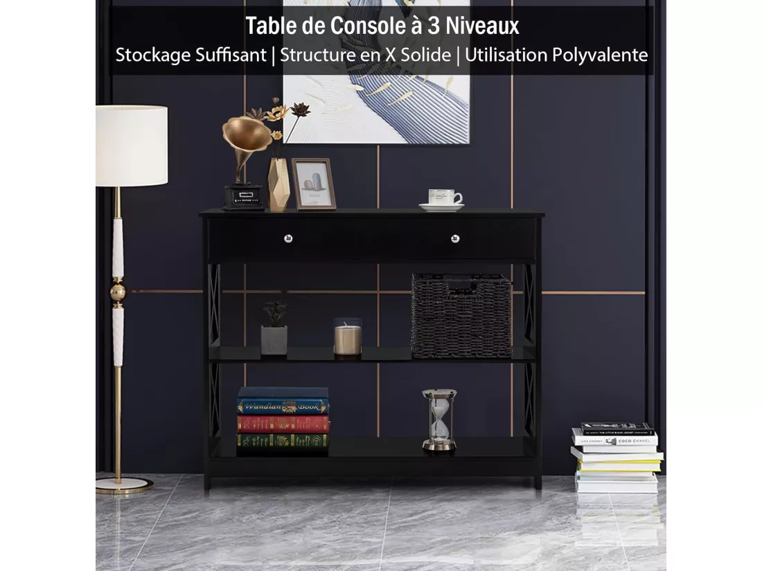 Table console, console entrée avec tiroir et 2 étagères,100 x 30 x 80 cm (noir)