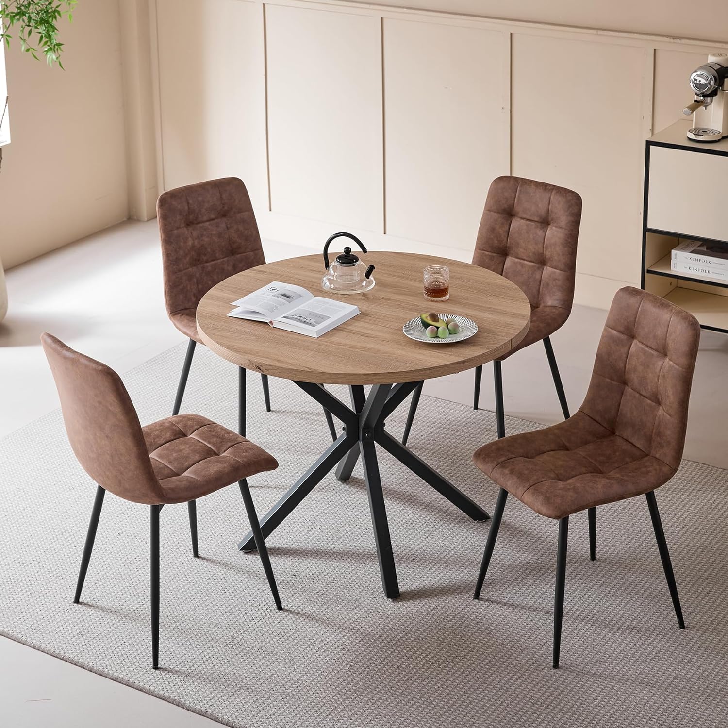 Essgruppe 5-Teilig, 100cm Runder Esstisch und 4 Kunstleder Esszimmerstühle, Tisch und 4 Stühle für Küche, Wohnzimmer, Balkon, Restaurant, Büro (Helle Holzfarbe+Hellbraun)