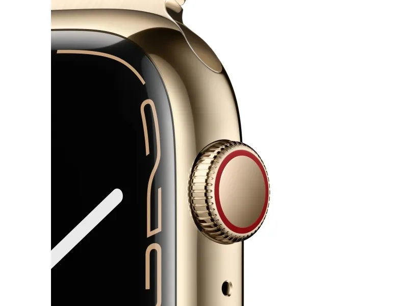 [OUTLET] - Apple Watch Series 7 (GPS   Cellular) - 45 mm - guld rustfrit stål - smart ur med milanesisk løkke - rustfrit stål - guld - håndledsstørrelse: 150-200 mm - 32 GB - Wi-Fi, Bluetooth - 4G - 51.5 g