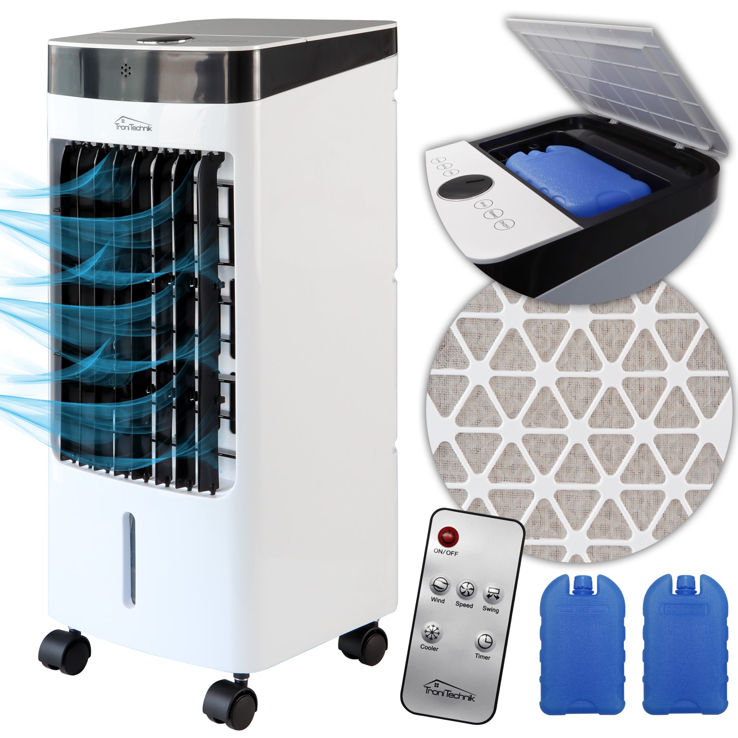 TroniTechnik® Mobiles Klimagerät 3in1 Klimaanlage Luftkühler LK04 Ventilator, inkl. Fernbedienung und Filter, 4in1 Kühler