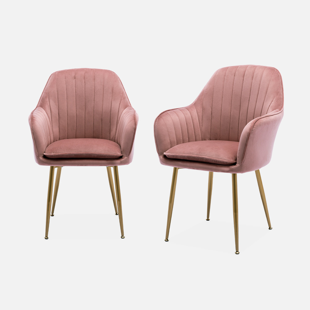 Lot de 2 fauteuils en velours vieux rose et pieds en métal doré. Shella l 58 x p 58 x h 85