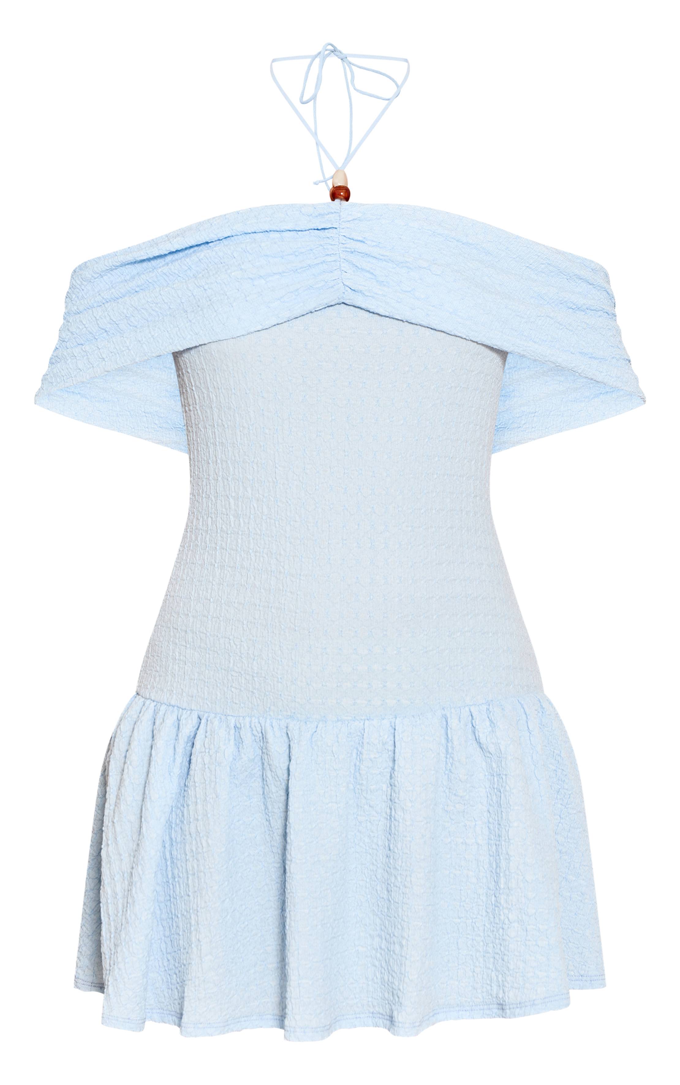 Bleu Clair Robe Droite À Encolure Américaine Avec Détails De Perles Texturées