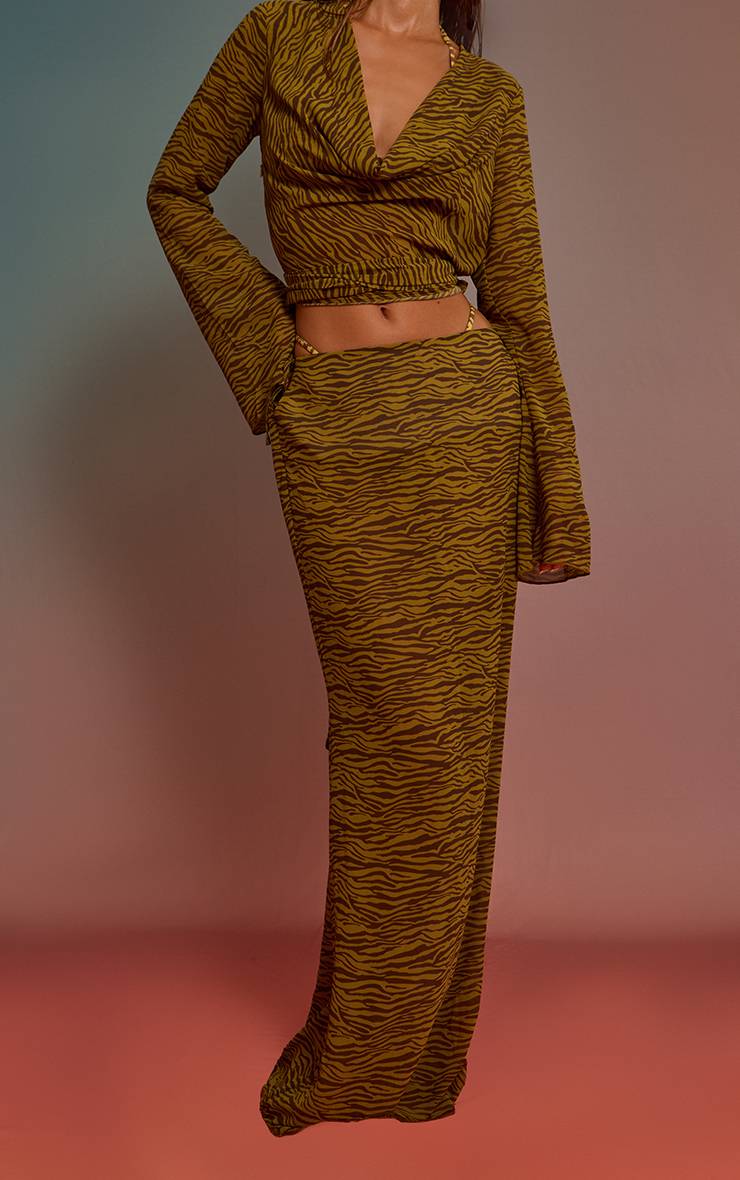 Vert Olive Jupe Longue Taille Basse En Mousseline Imprimée