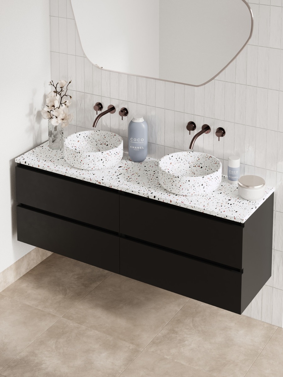 Fontana Terrazzo badmeubel 160cm mat zwart met ronde waskommen en toppaneel