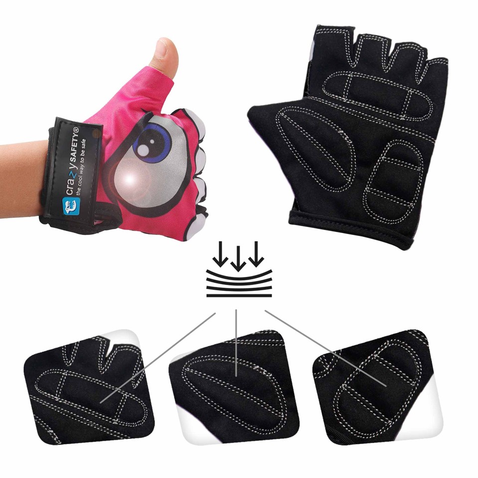 Crazy Safety - Lyserøde børnecykelhandsker med reflekterende øjne, polstrede håndflader - Pink - Size S