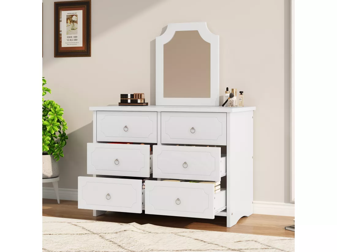 Armoire à miroir, commode 6 tiroirs, miroir amovible, patins silencieux, MDF + panneaux de particules, blanc