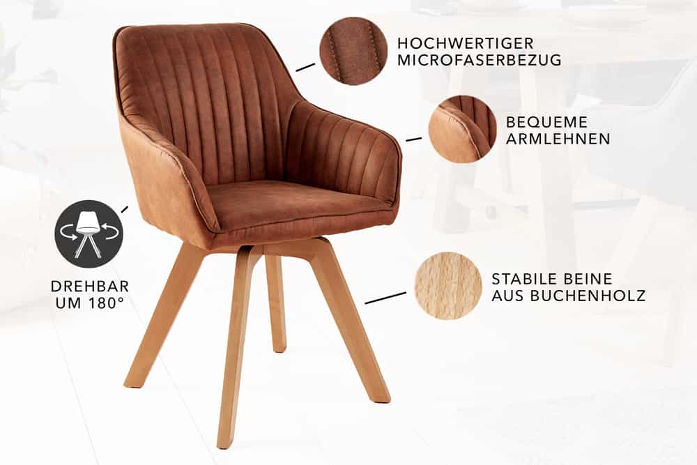 Drehbarer Design Stuhl LIVORNO vintage braun Buchenholz Beine mit Armlehnen