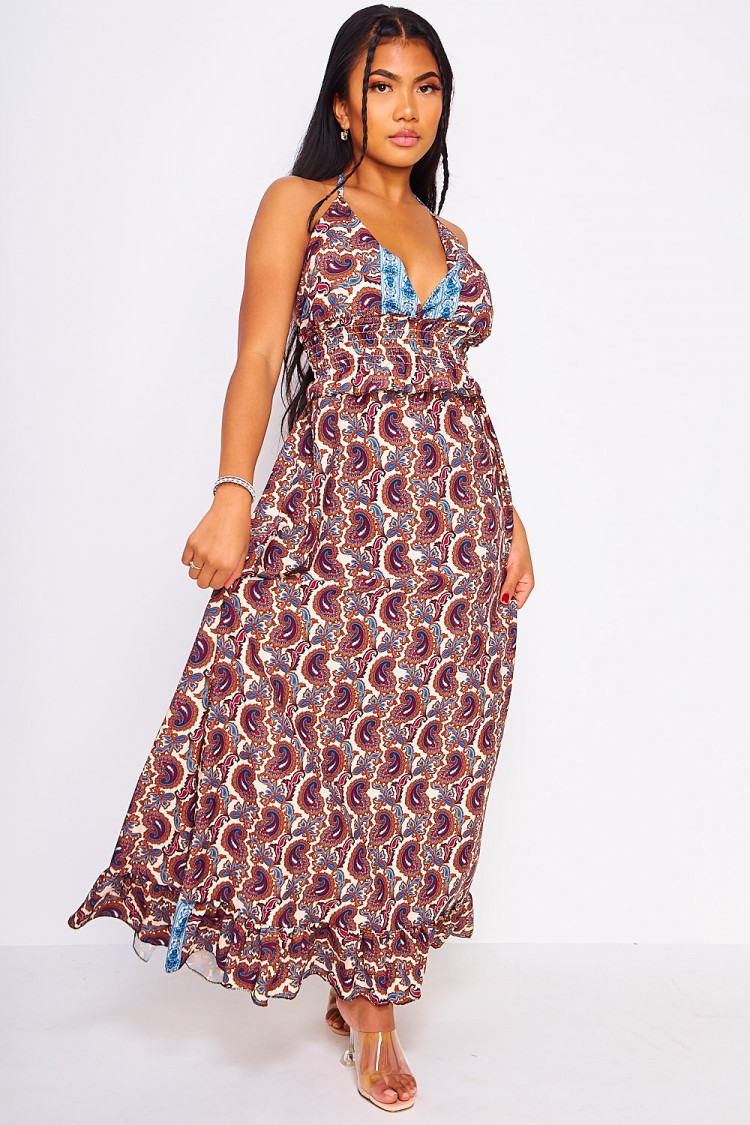 Robe longue beige/marron imprimé paisley