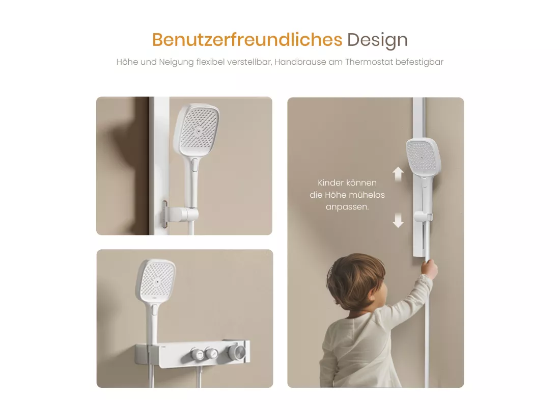 EMKE Colonne de Douche Thermostatique – Blanc Mat, Débit d'Eau Ajustable,Design Minimaliste Séparé, Douchette 3 Fonctions,Kit de Douche