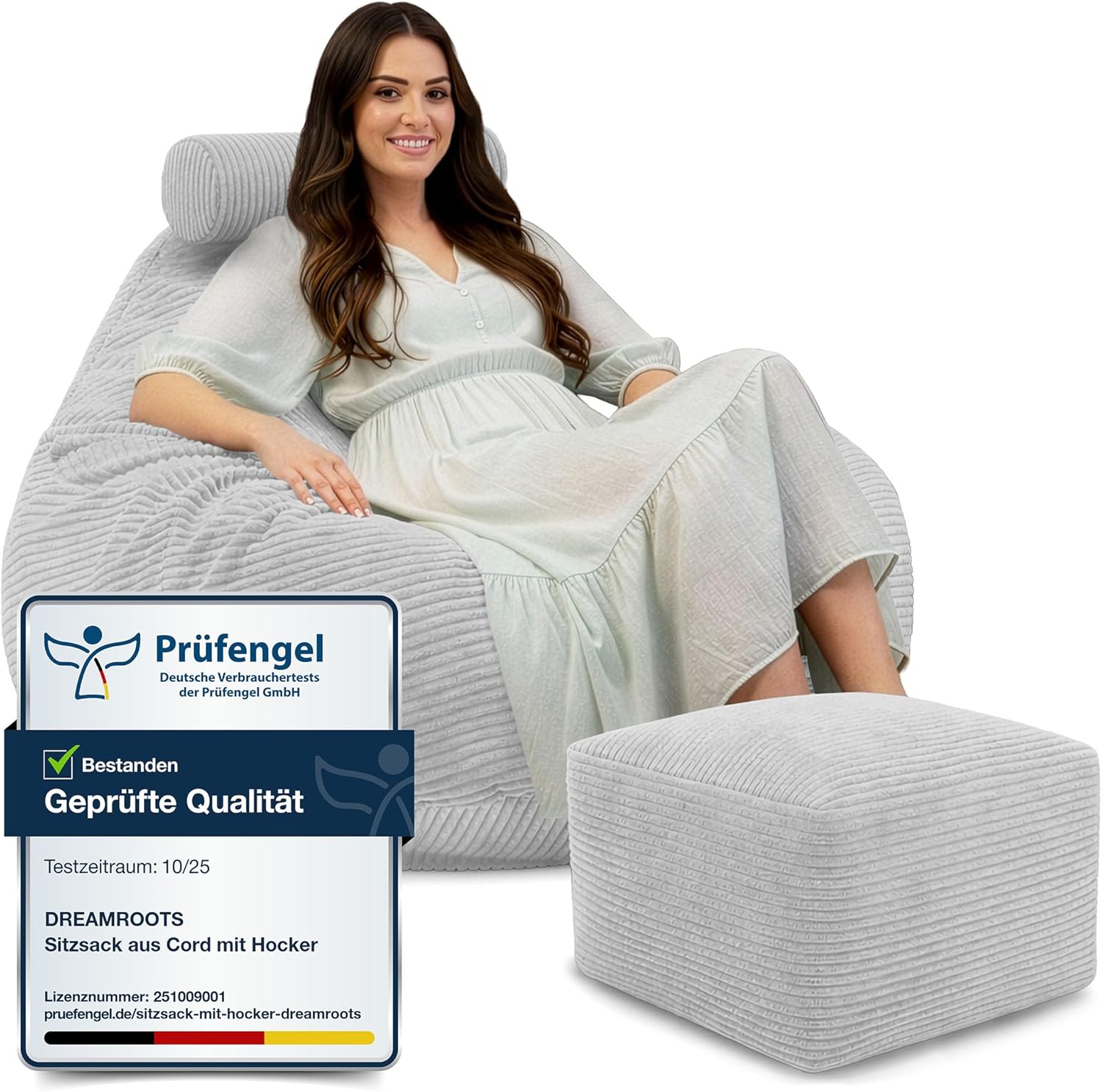 DreamRoots Sitzsack Erwachsene Cord oder Kinder - Bean Bag Sofa - Sitzsack Cord mit Hocker und Bezug - Sitzsäcke mit Füllung 90x90x100 cm Cool Gray