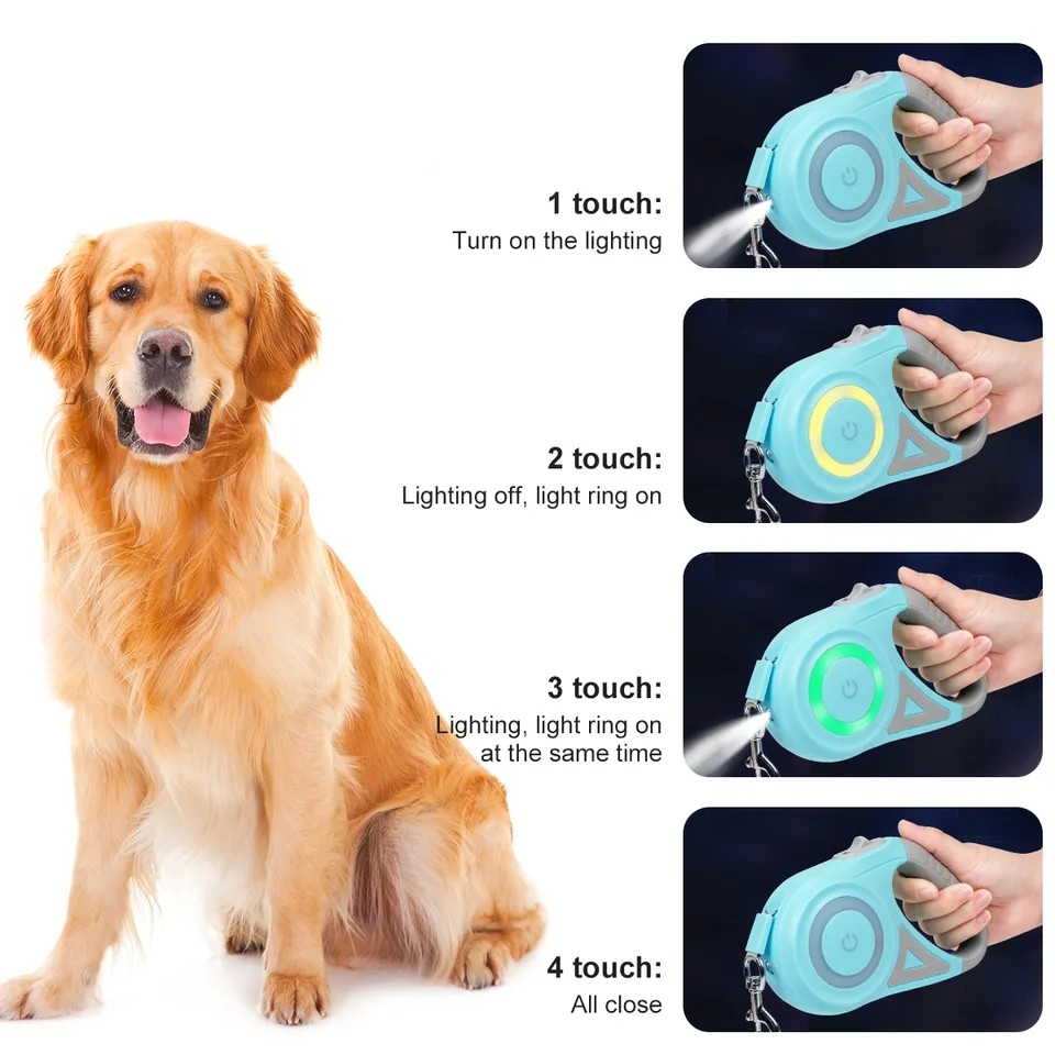 (5m) Einziehbare Hunde Leine mit Taschenlampe Rollleine inkl. LED Farbwechsel Beleuchtung (Batteriebetrieben) - Türkis / Grau
