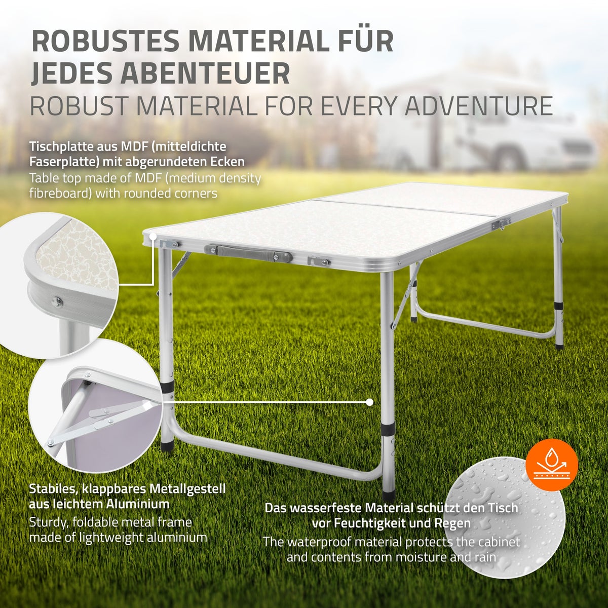 ECD Germany Campingtafel, Opvouwbare tafel met handgreep, 120x60x55/63/70 cm, Wit crème, Gemaakt van aluminium en MDF - Hoogte verstelbaar, Opvouwbaar - Opvouwbare tafel, Tuintafel, Balkontafel, Reistafel, Werktafel