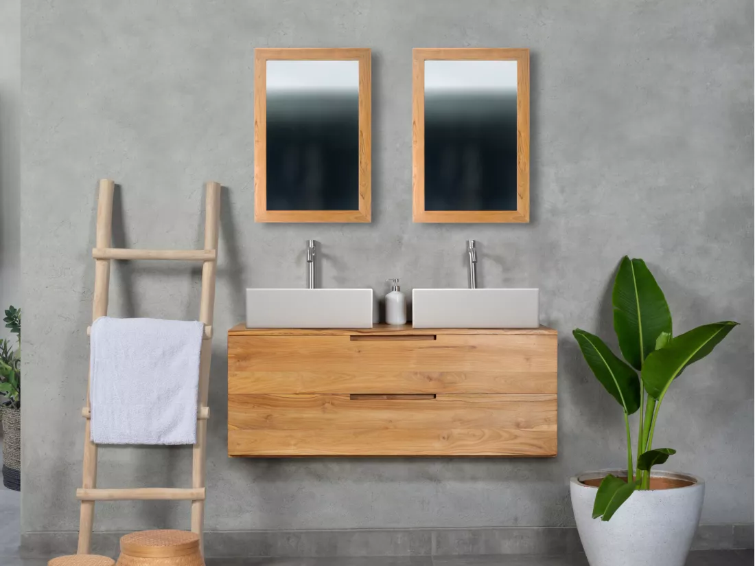 Meuble de salle de bain suspendu en teck clair avec double vasque - 2 tiroirs - 115 cm - BIMBING