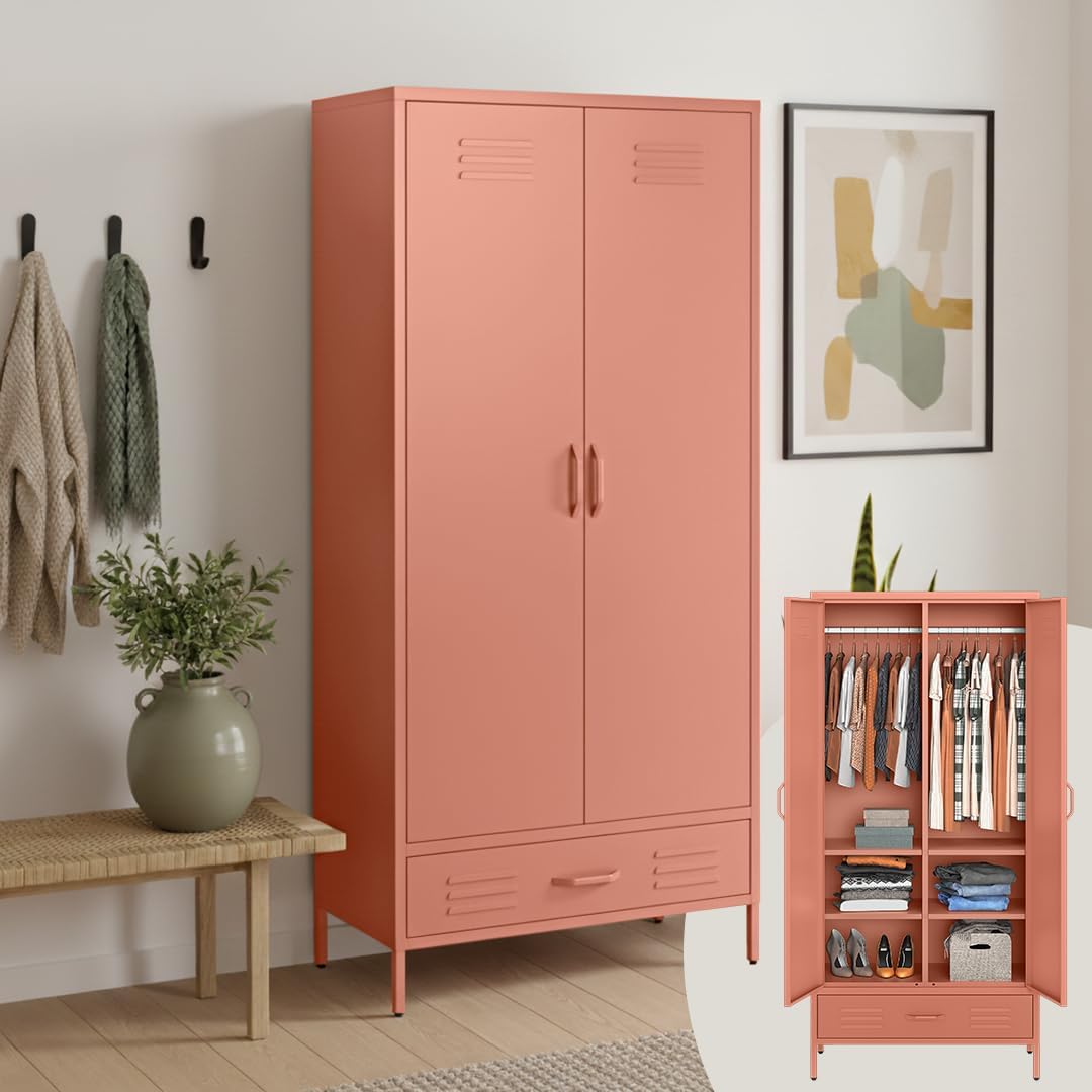 skølm Atria Kleiderschrank Metall – Metallschrank mit 6 Fächern, 2 Kleiderstangen & 1 Schublade – Garderobenschrank in Terrakotta – Metallkleiderschrank 80 cm breit – Schlafzimmerschrank – Flurschrank