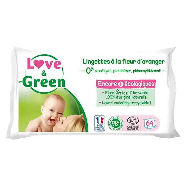 Lenços umedecidos hipoalergênicos Love & Green com flor de laranjeira, 64 unidades.