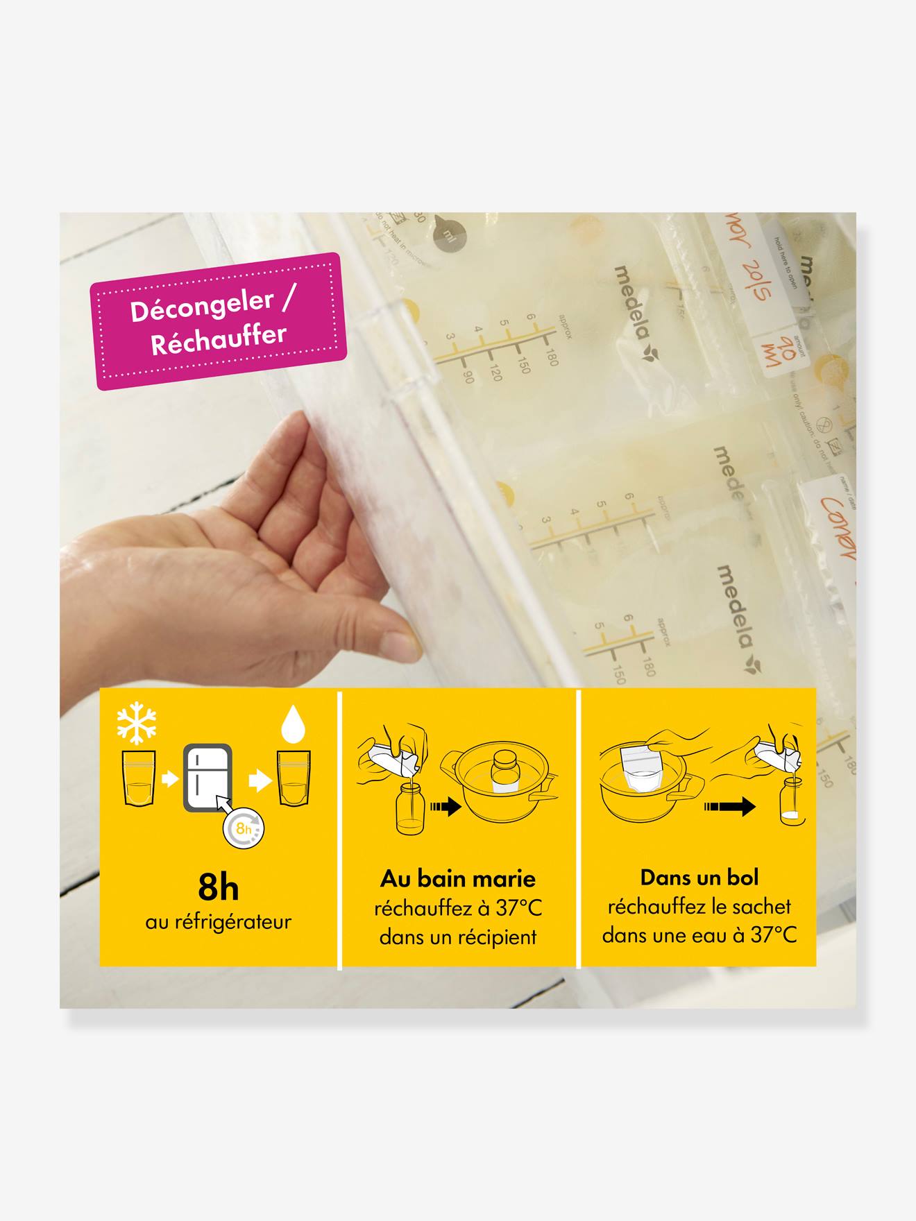 Caixa com 25 sacos para armazenamento de leite materno Medela Pump & Save, incolores.