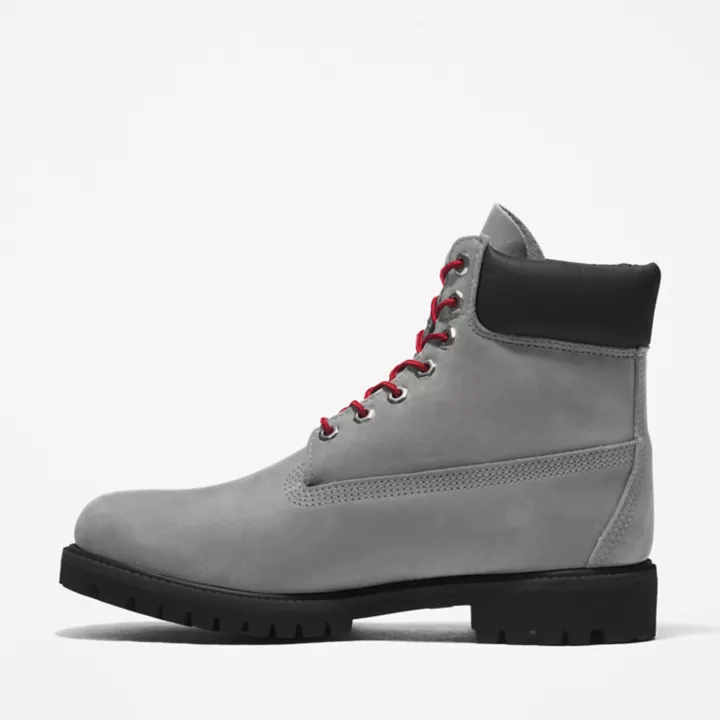 Bota Timberland Premium Masculina de 6 polegadas em Cinza/Vermelho