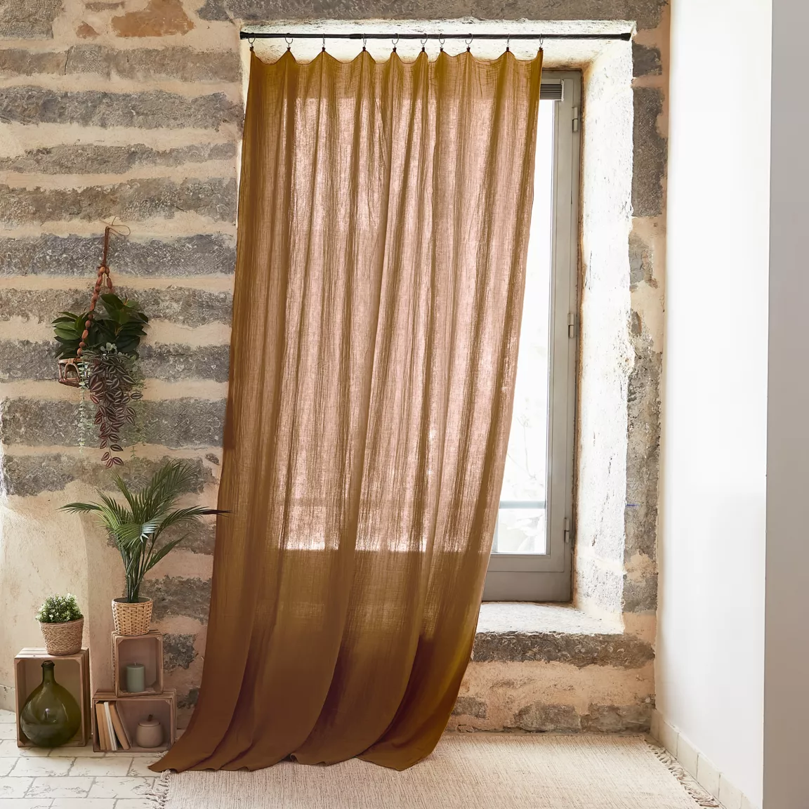 Rideau gaze de coton ajustable (140 x max 300 cm) Gaïa Camel