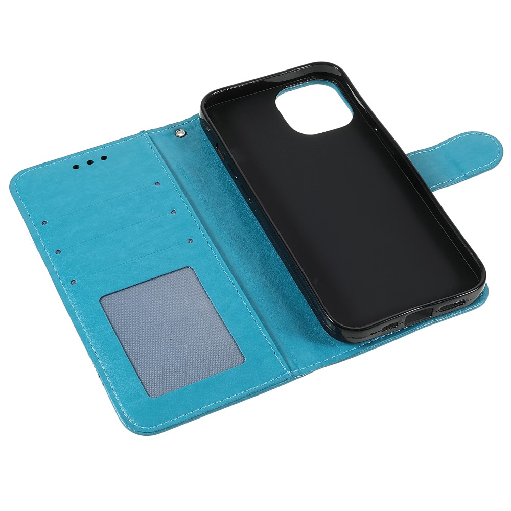 iPhone 13 Pro Leder Tasche Wallet - Mandala Flowers Imprint - Blau