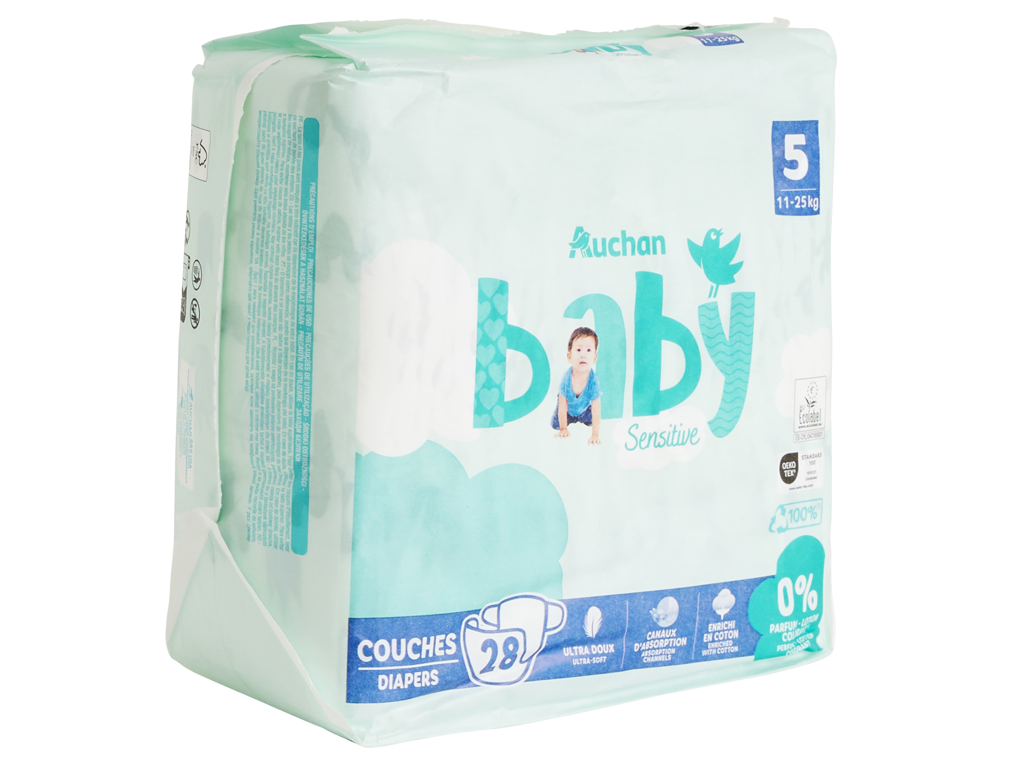 FRALDAS AUCHAN BABY SENSITIVE ECOLÓGICAS TAMANHO 5 11-25KG 28UN