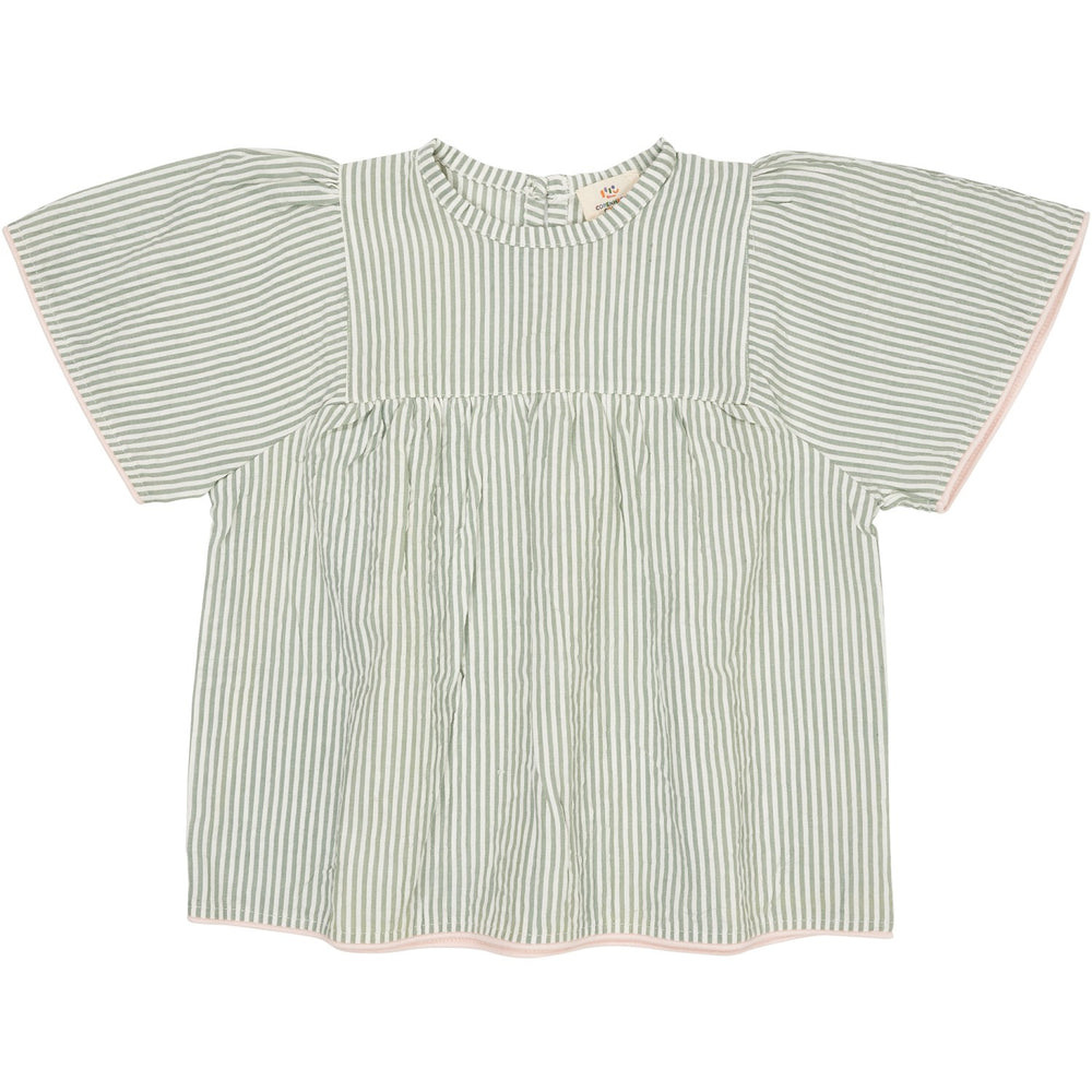 Køb COPENHAGEN COLORS Green W Cream Stripe W. Dusty Rose Seersucker Bluse W. Contrast Edge
