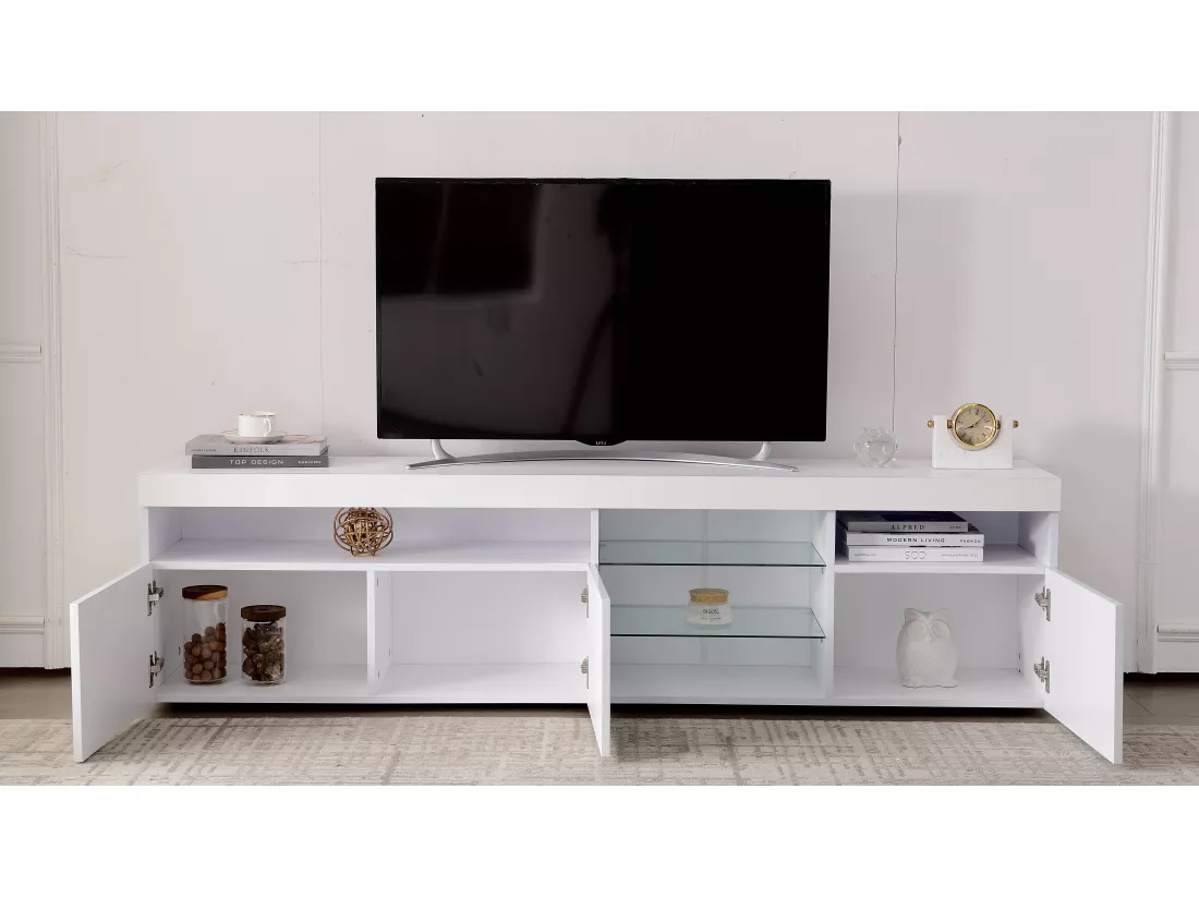 Meuble TV moderne avec 3 portes 2 tiroirs & 2 niches - LEDs - longueur 180cm - pour salon - laqué blanc