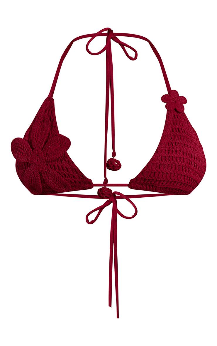 Rouge Profond Haut De Bikini Triangle En Crochet Avec Appliqué Floral