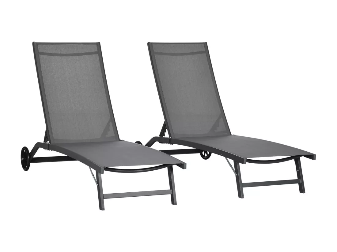 Lot de 2 bains de soleil transats inclinables - 2 roulettes - alu. textilène gris